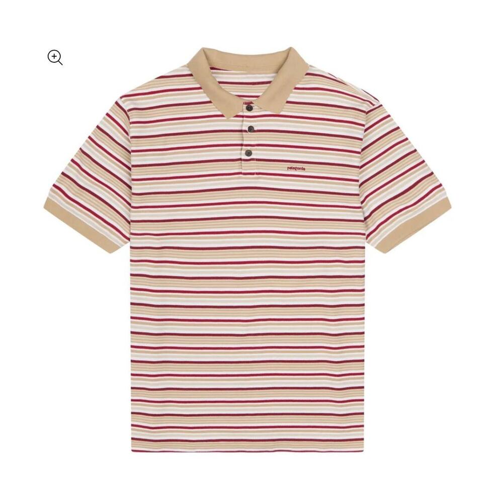 Patagonia Polo Shirt Mens Size Medium Tan Red Striped Short Sleeve Cotton